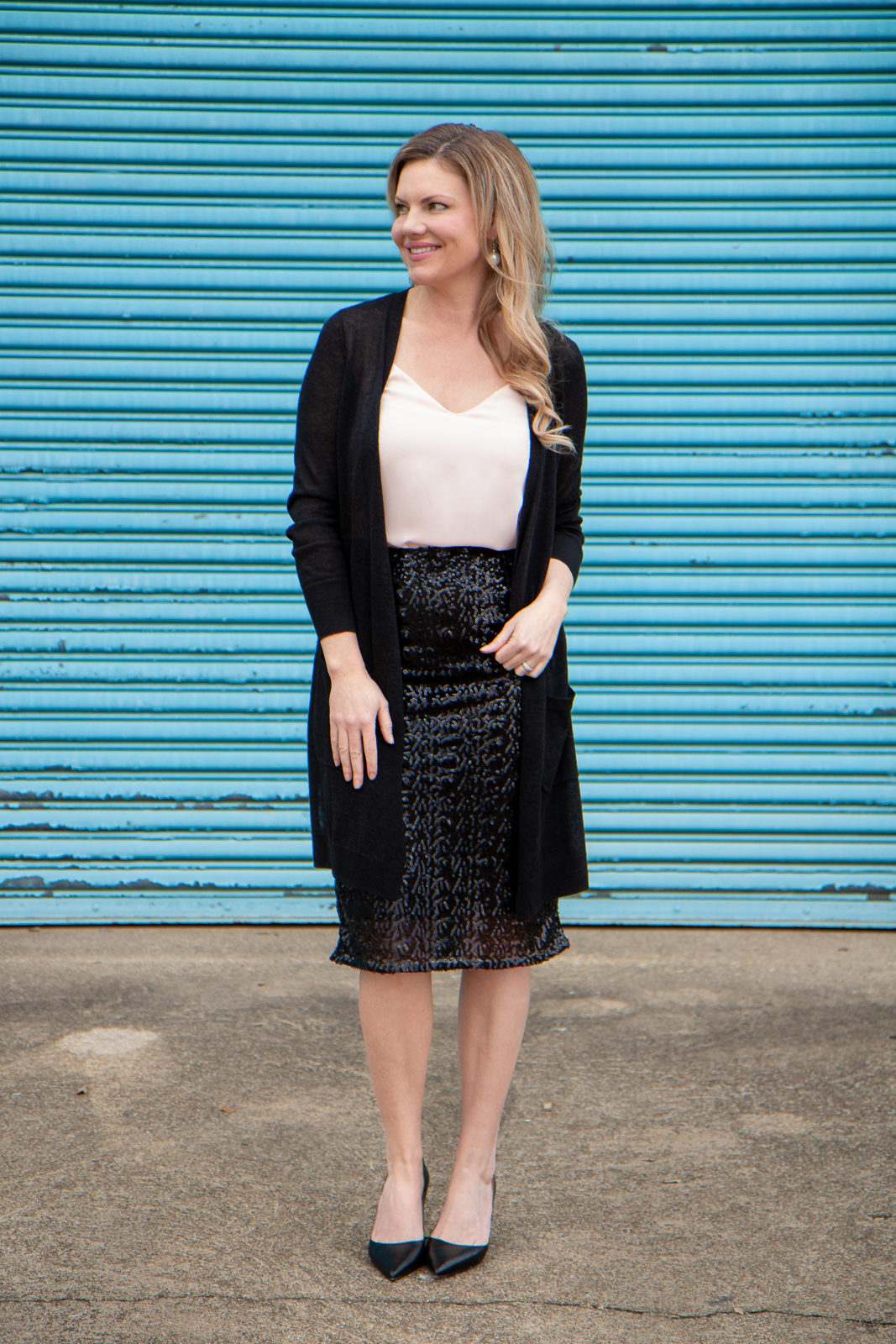 sequin skirt with cardigan