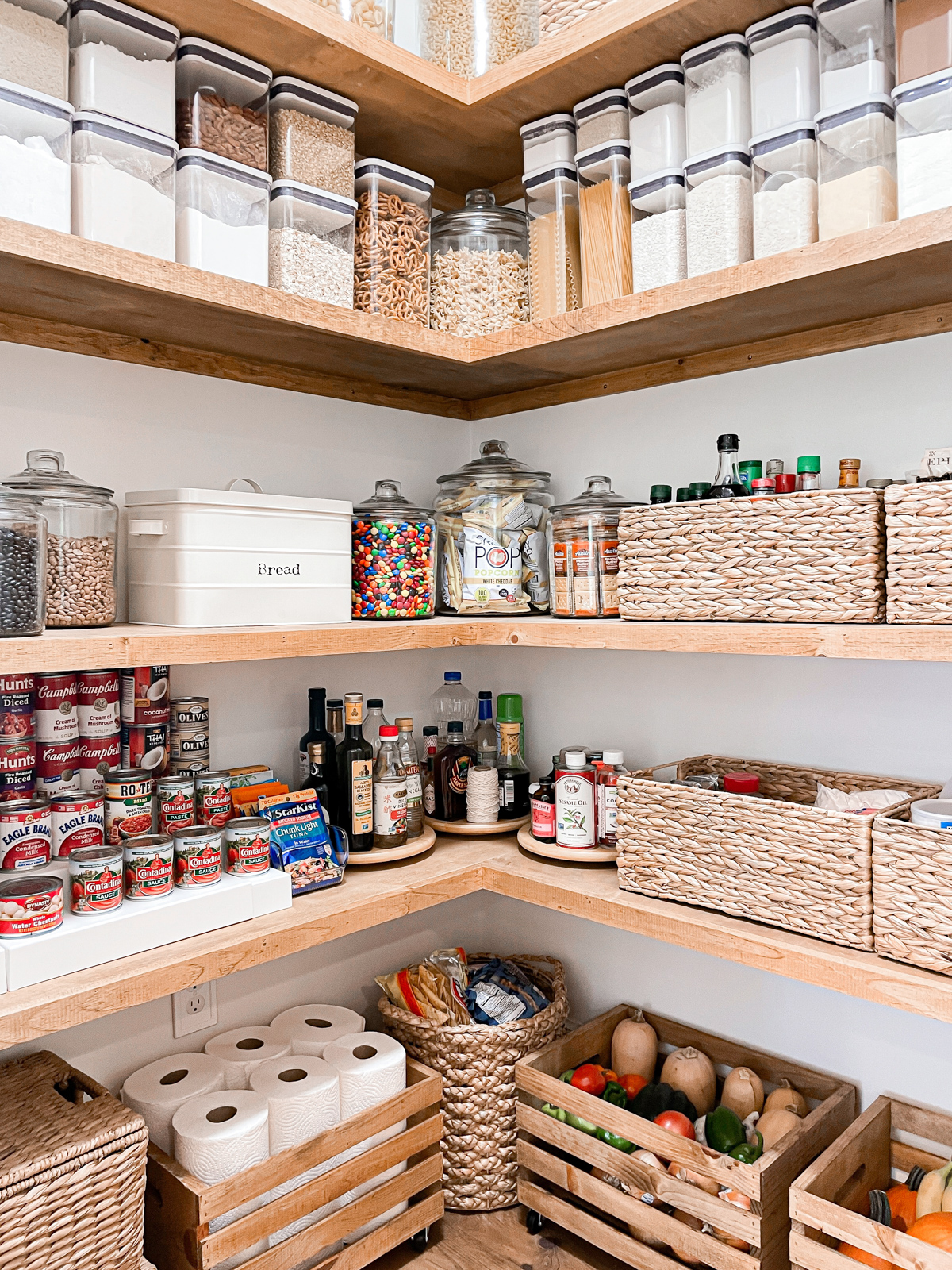 Pantry storage with crates and baskets