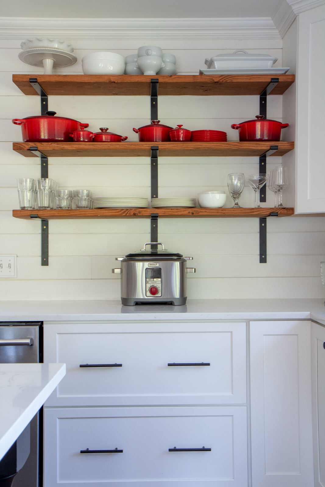 deep kitchen drawers with open shelving