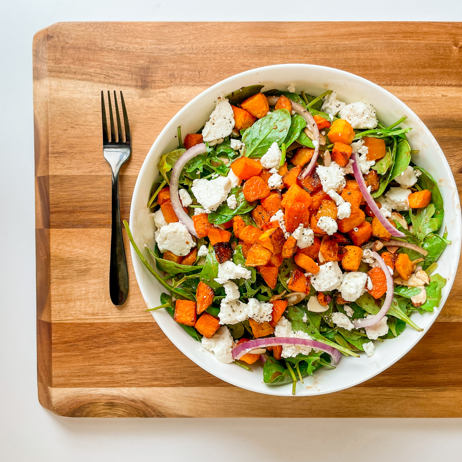 Roasted Butternut Squash, Goat Cheese and Spinach Salad